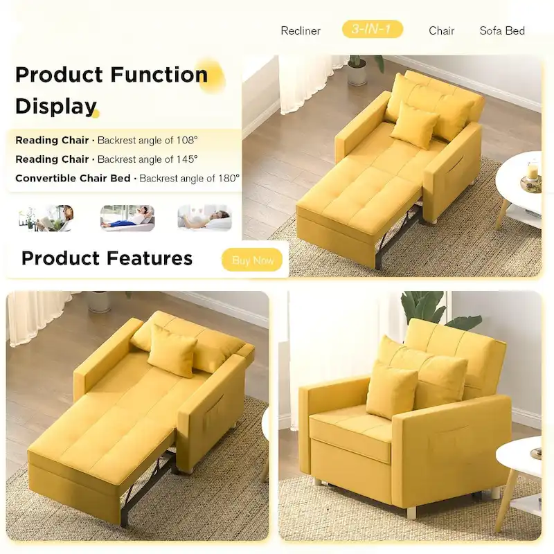 Adjustable Sleeper Chair Bed, 3-in-1 Convertible, Multiple Colors, Fits 1 Person