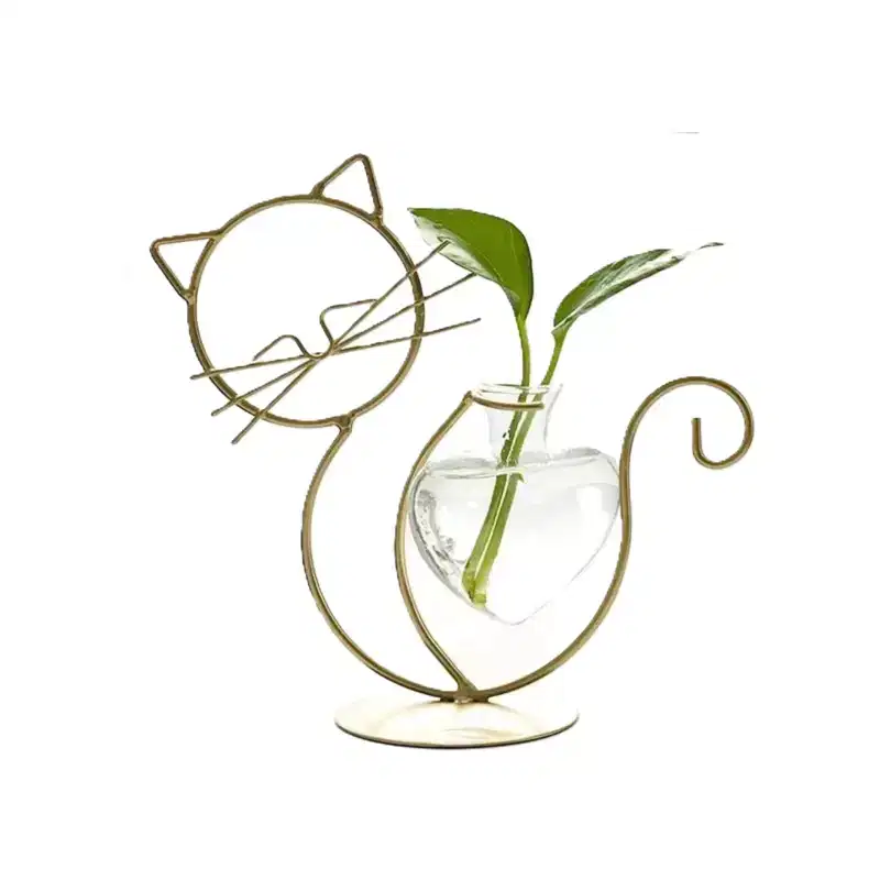 Nordic Cat-shaped Iron & Glass Hydroponic Flower Vase - Welded & Painted Aquarium-style Decor