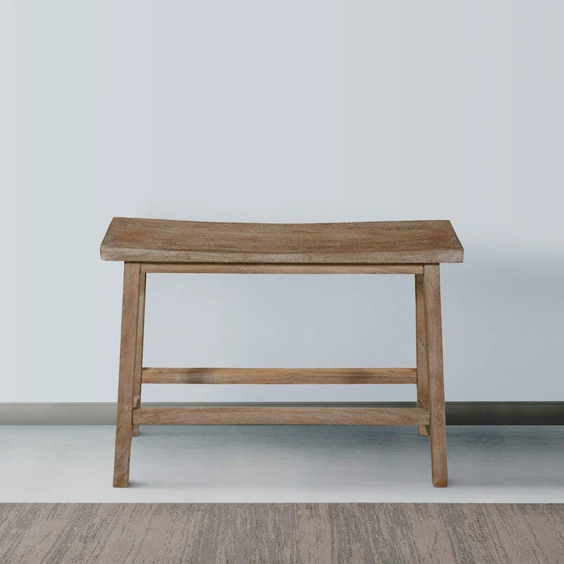 33 Inch Saddle Seat Bench with Angled Frame, Sandblasted Antique Brown Acacia Wood