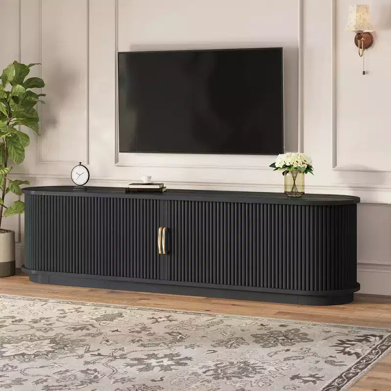 Vintage Rustic TV Stand with Sliding Wood Slatted Doors, 75 Farmhouse Fluted Media Console with Drawer (Black Wood Grain)
