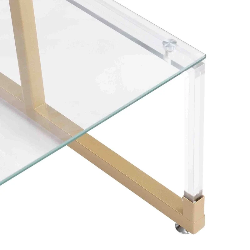 2-Tier End Table with Tempered Glass Shelves & Geometric Metal Frame