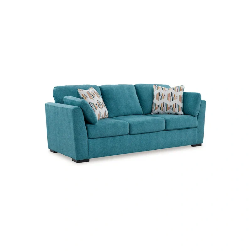 Sofa with 2 Accent Throw Pillows, Teal Blue Faux Velvet 94 Inch