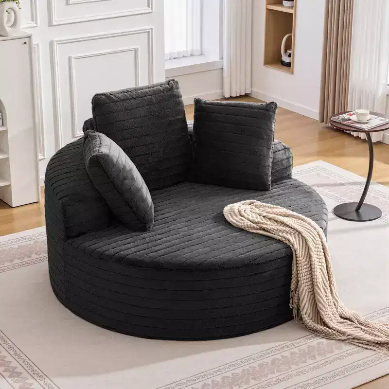 Oversized Round Sofa, Single Cloud Floor Sofa Chair with Deep Seat, No Assembly Required, Black