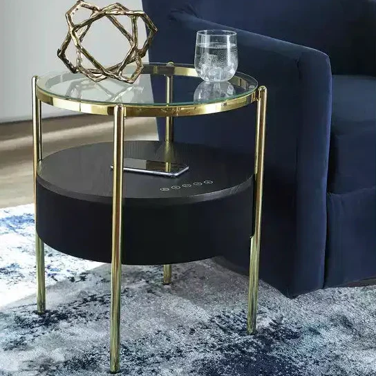 Round Glass Top Accent Table with Bluetooth Speaker