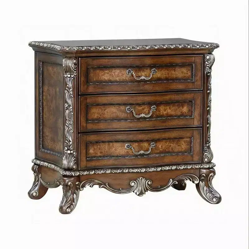 Nightstand, Traditional Floral Trim, 3 Drawers, Cherry Brown