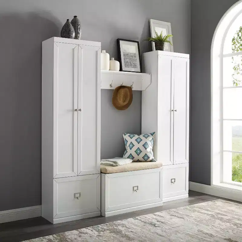 4pc Harper Entryway Set with Bench, Shelf & 2 Pantry Closets: Organizer with Coat Rack - Crosley