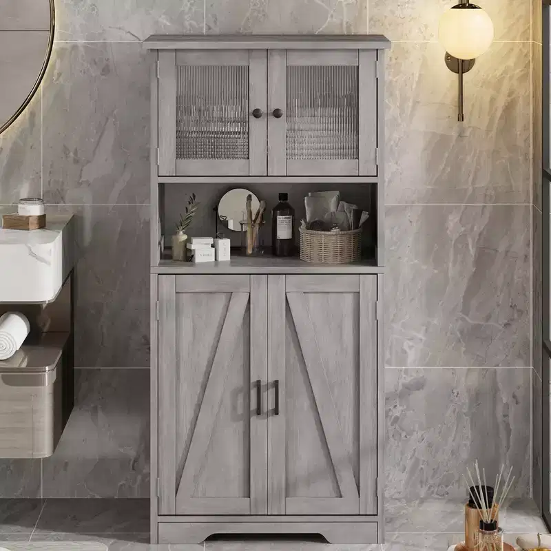 Bathroom Storage Cabinet, Freestanding Linen Cabinet with Doors and Shelves, Wooden Kitchen Pantry Cabinet, for Living Room,