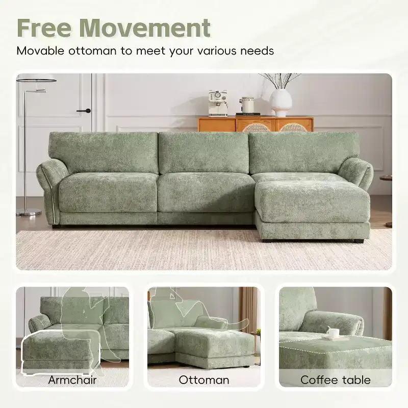 L-Shaped Sectional Sofa Set with Ottoman, 3-Seat Chenille Couch with Extra-Wide Seat and USB, 110