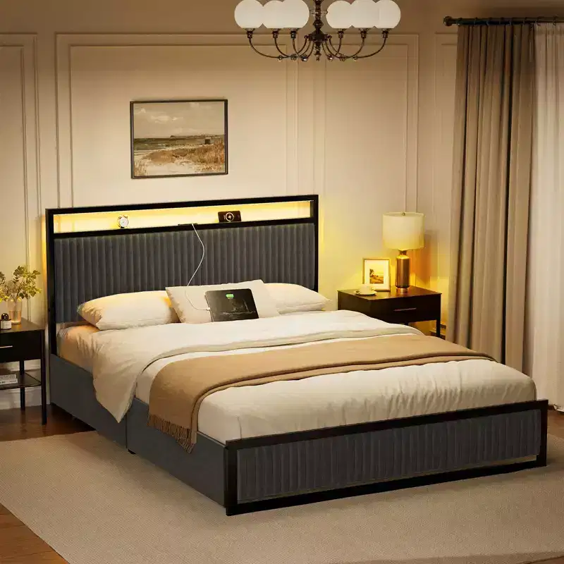 Upholstered Bed Frame with 2 Storage Drawers, LED Headboard and USB Ports, Dark Gray