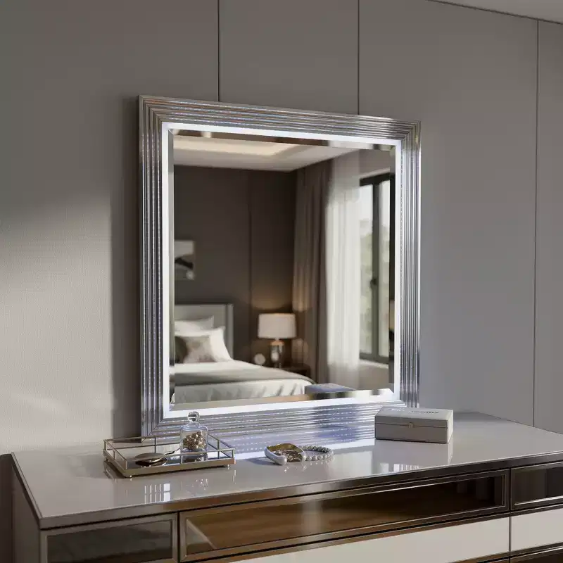 HomeRoots 42 Silver And White Wood Square Lighted Dresser Mount Framed Mirror