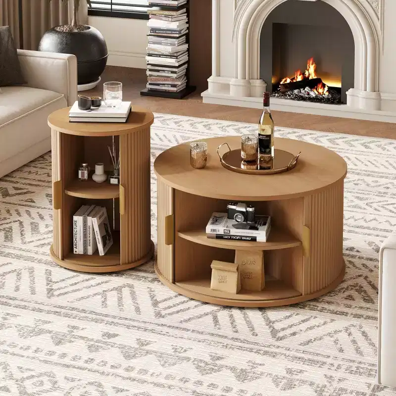JVNOXK Medieval Style Coffee Table Set with Sliding Roller Shutters, Round Groove Storage Side Table, Gold Handles, for Living Room, Natural Color