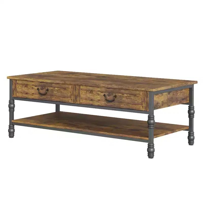GustoWave 41 Mid Century Modern Coffee Table with 2 Drawers & Storage Shelf for Living Room, Office, Parlor, Reading Room, Rustic Brown