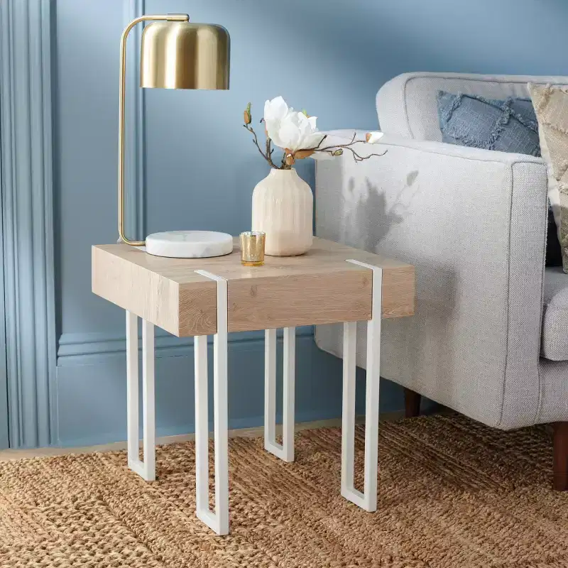 Square End Table – Brown Veneer Top / White Iron Frame, 1-Piece