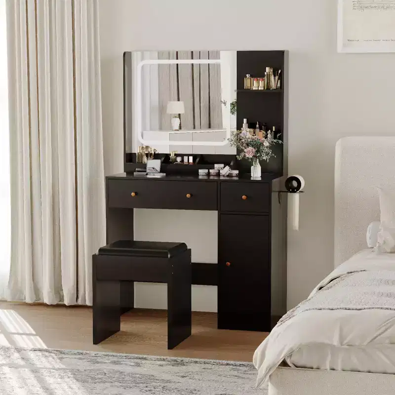Makeup Vanity Table with Mirror, Hair Dryer Holder, Storage Drawers & Upholstered Stool for Bedroom