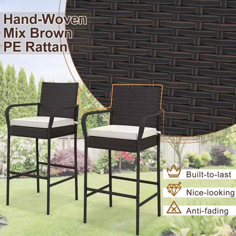Costway 2PCS Patio PE Wicker Bar Chairs Counter HeightBarstools with Armrests &Cushions