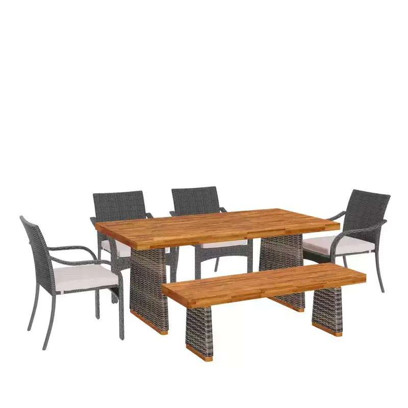 Brown Rustic Acacia & Rattan Outdoor Dining Set, Seats 6