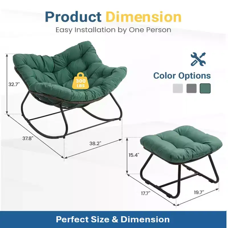 Light Green Egg Rocking Chair with Ottoman, All-Weather Wicker Lounge & Cushions