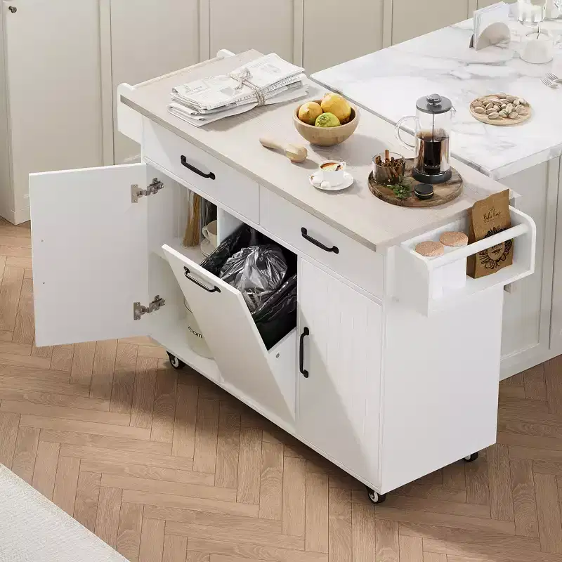 Kitchen Island with Trash Can Storage Cabinet, Kitchen Cart with Drop Leaf, Rolling Kitchen Island on Wheels with Adjustable Shelf and Drawer
