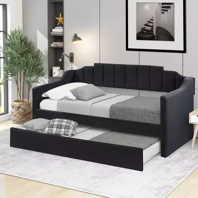 Upholstered Trundle Daybed Twin Size Daybed Sofa Frame with Twin Roll-Out Trundle for Bedroom, Black