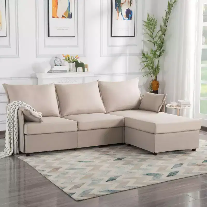 93.7 Sectional Sofa With Ottoman, Indoor Sofa Made Of Imitation Linen Material.