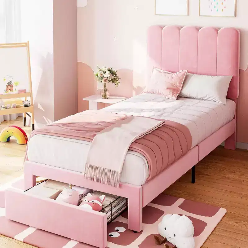 Velvet Upholstered Metal Frame Twin Platform Bed with Storage Drawer