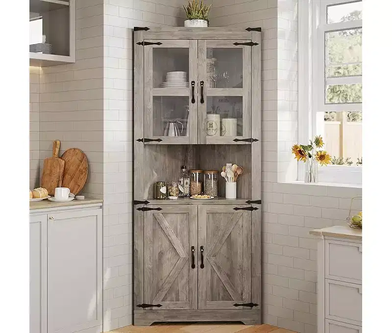 Corner Cabinet, Tall Corner Cabinet with Barn Door & Adjustable Shelves, Corner Storage Cabinet for Living Room, Kitchen, Bathroom, Washed Grey