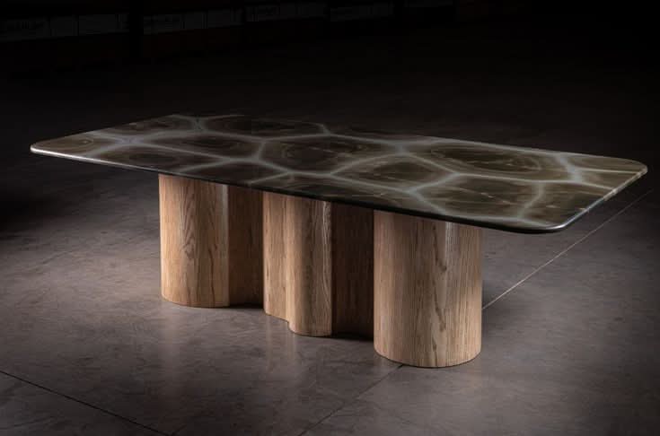 024 Dining Table - Made by our artisan partner in we present the Dining Table, a turtle quartzite top with a 3″ with a solid oak base in a...