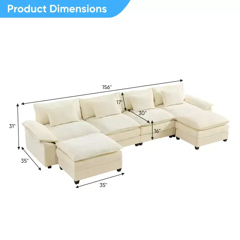 Mjkone 156'' Oversized Modular Sectional Sofa, U-Shaped Couch with 2 Ottomans, 6-Seat Chenille Upholstered Deep Seat Sofa