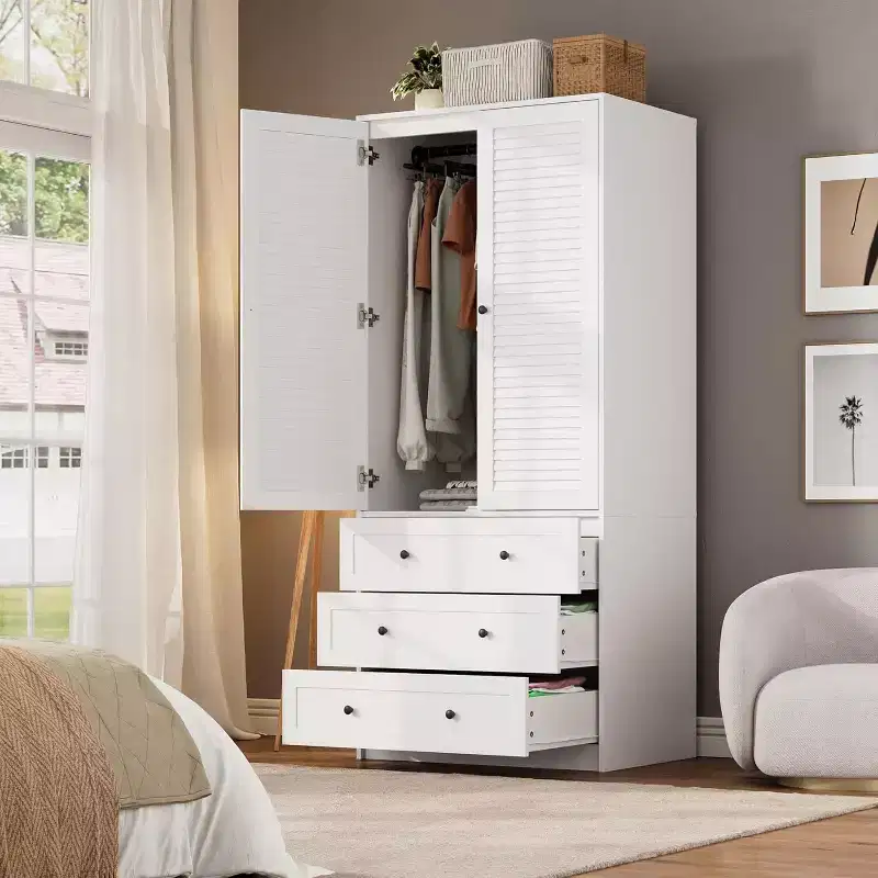 Modern Wooden Armoire Wardrobe Closet with 2 Doors and 3 Drawers, Tall Bedroom Cabinet with Hanging Rod, Freestanding Clothes Storage Unit