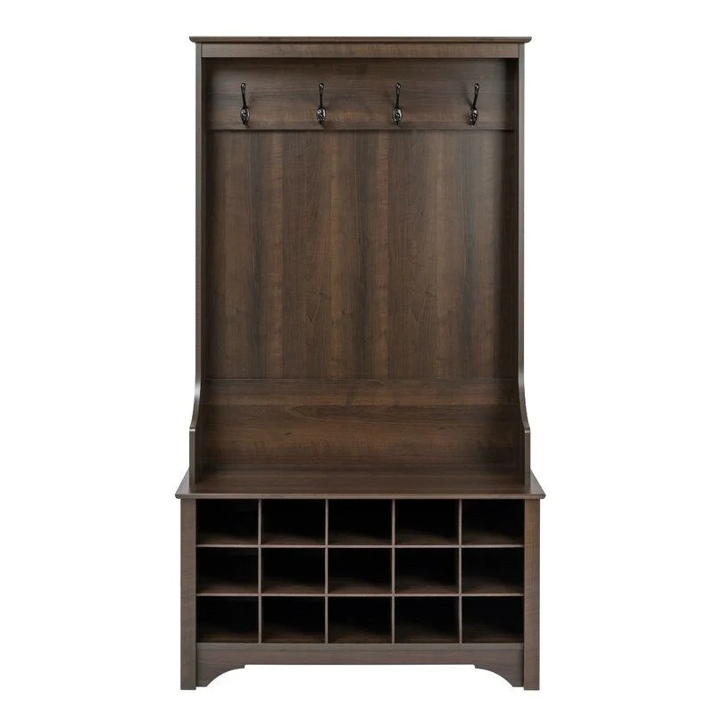 Dark Brown Hall Tree with Bench, 15 Shoe Cubbies & 4 Coat Hooks – 1 Person Assembly
