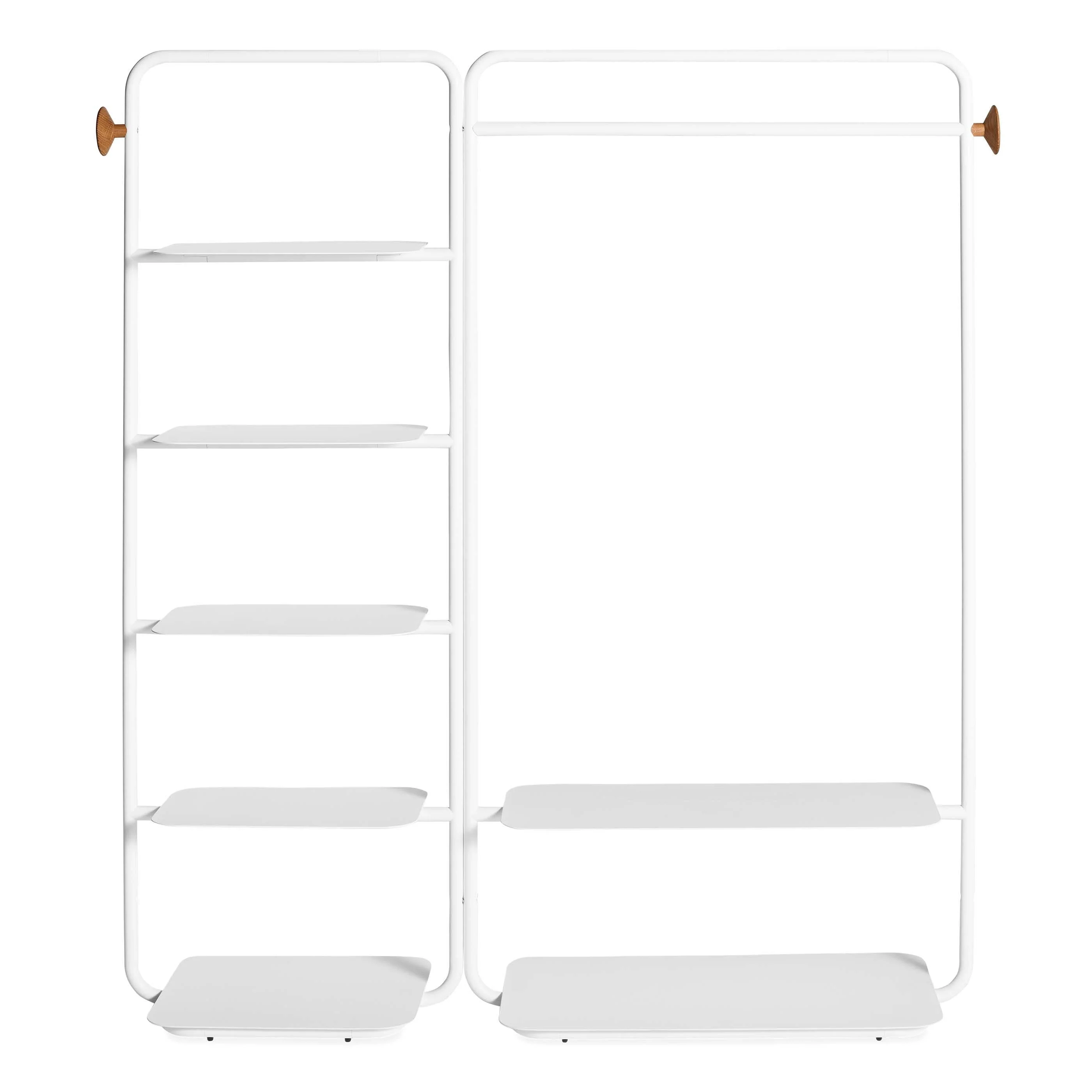 Modern White Steel Open Garment Rack with Oak Knobs for Living Room