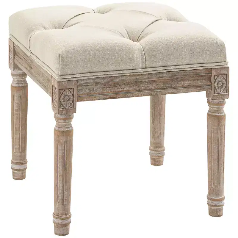 HOMCOM 15.75 Vintage Ottoman, Tufted Foot Stool with Upholstered Seat, Rustic Wood Legs for Bedroom, Living Room