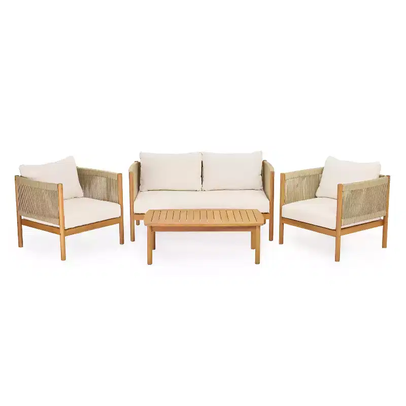 Christopher Knight Home Elvis Patio Modern Acacia Wood 4-Piece Seating Set with Woven Rope Panels and Cushioned