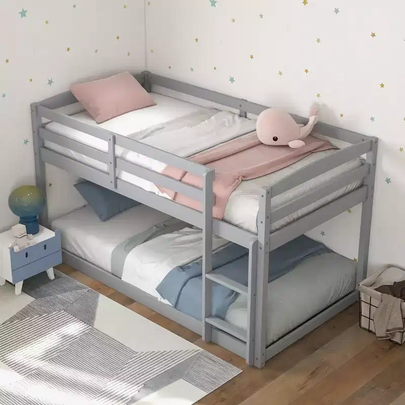 Costway Twin over Twin Low Bunk Bed with Guardrails Integrated Ladder Kids Wooden Grey/White/Beige/Pink