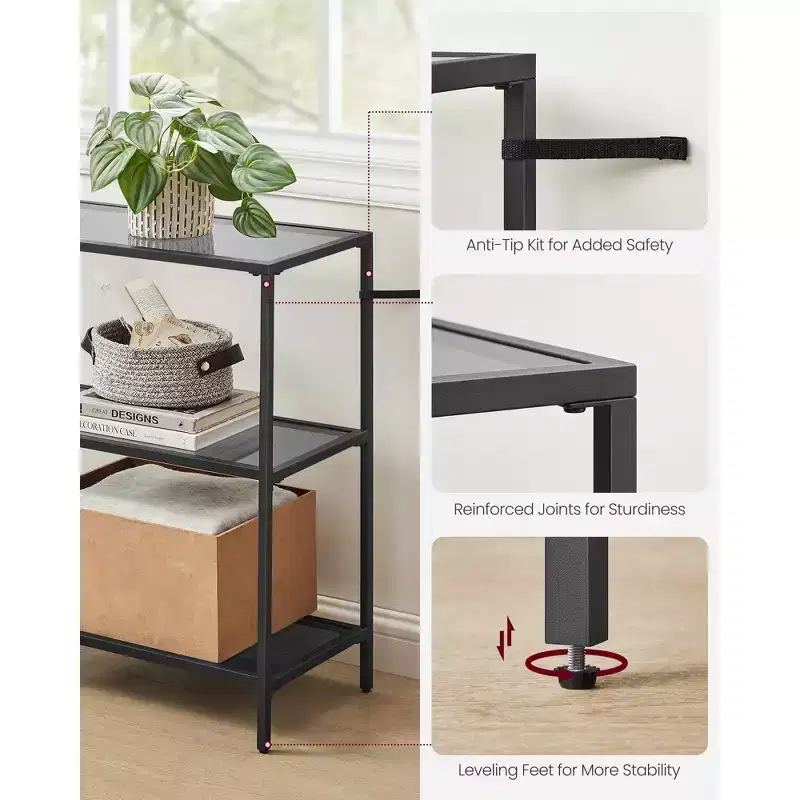 VASAGLE 51.2 Inch Console Table with 3 Shelves, Sofa Table, Entryway Table, Metal Frame, Tempered Glass Shelf, Modern Style