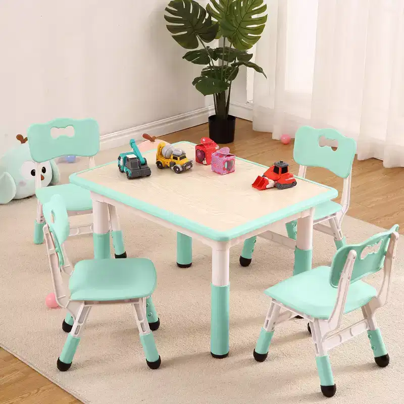Lake Blue Kids Height-Adjustable Table & 4-Chair Set C Foldable Art Craft Desk with Erasable Top for Toddler Learning/Play/Dining