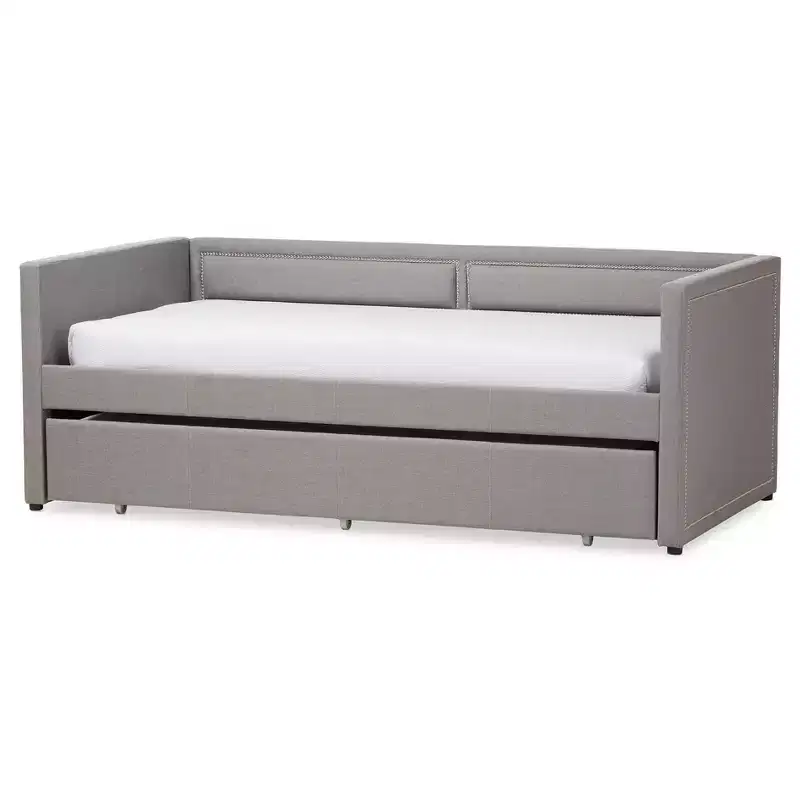 Twin Raymond Modern and Contemporary Fabric Nailhead Trimmed Sofa Daybed with Roll Out Trundle Guest Bed Gray: Rubberwood Frame