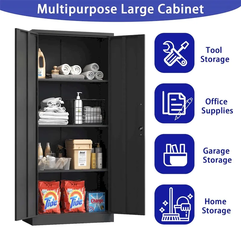 Metal Garage Storage Cabinet Tool Steel with Doors and 3 Shelves