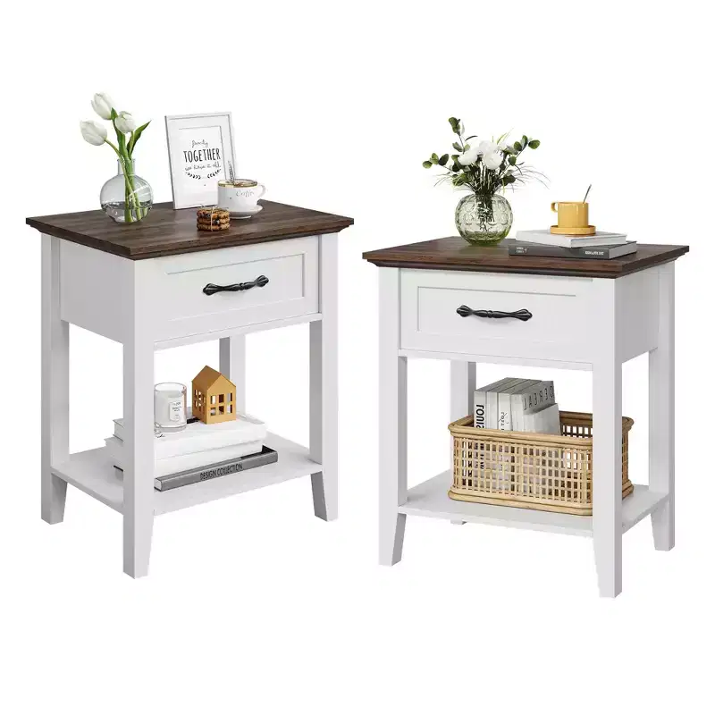 2PCS Nightstands, End Table with Drawer, Side Table for Living Room, 2 Tiers Storage Shelves Bedside Table for Study Room, Bedroom, Dorm, White