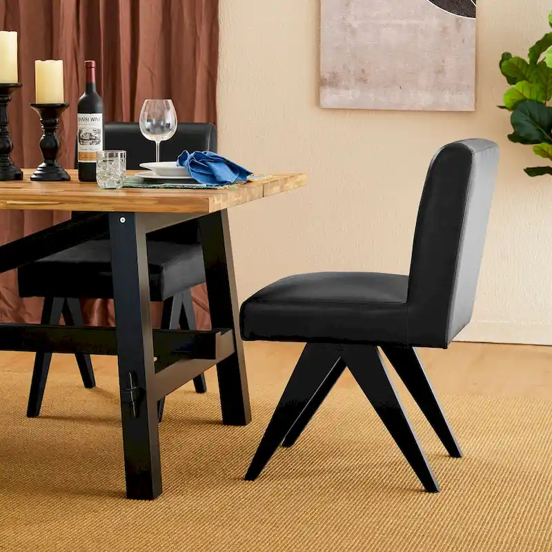 Faux Leather Upholstered Dining Chairs with V-Shaped Wood Legs