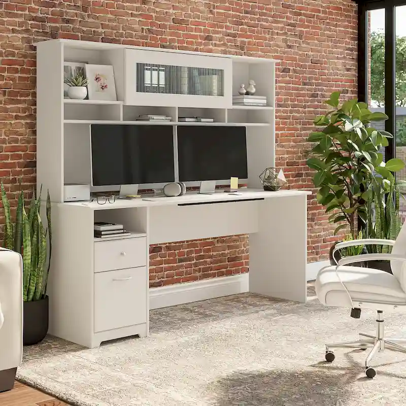72W Computer Desk with Hutch and Drawers by