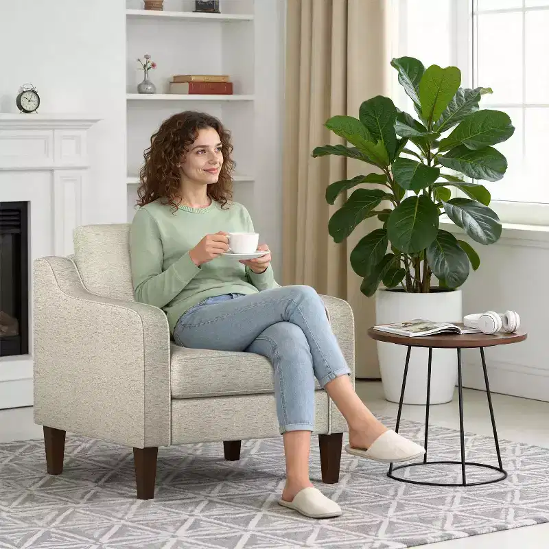 Beige Linen Fabric Upholstered Accent Armchair with Scooped Arms – Single Sofa Chair