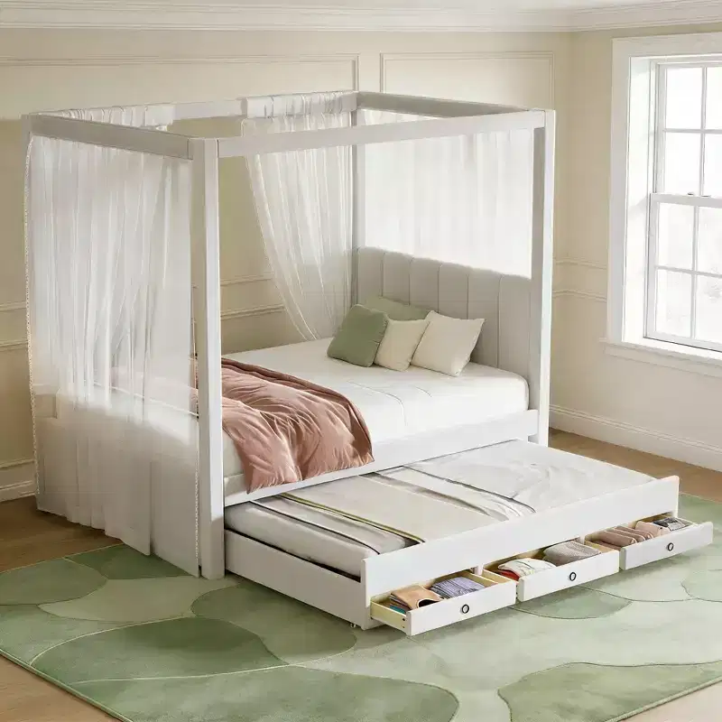 Modern Canopy Platform Bed with Upholstered Headboard, Trundle and 3 Drawers, Beige