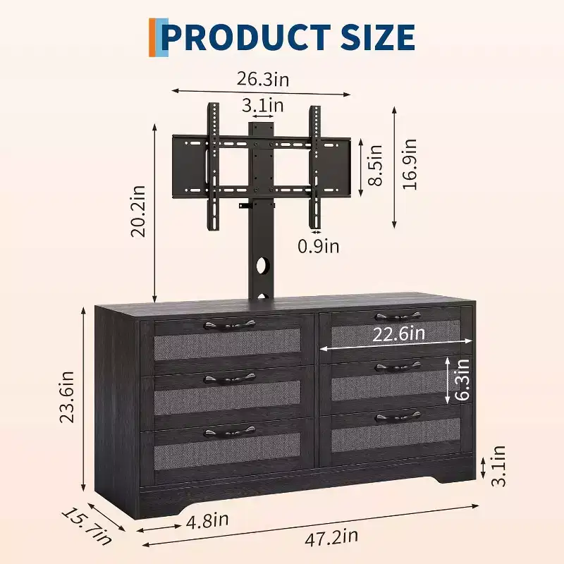 47.2 Inch Natural 6-Drawer TV Stand, Rattan Weave Entertainment Center for 32-85 Inch TVs, for Living Room, Easy Assembly
