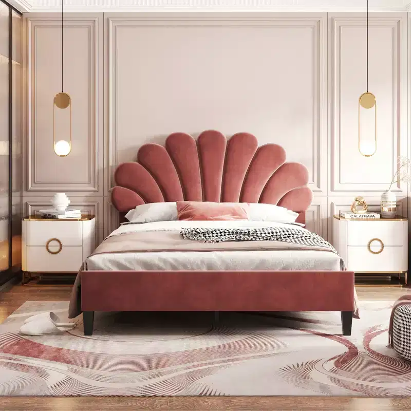 Full/Queen Upholstered Platform Bed Frame with Flower Pattern Velvet Headboard