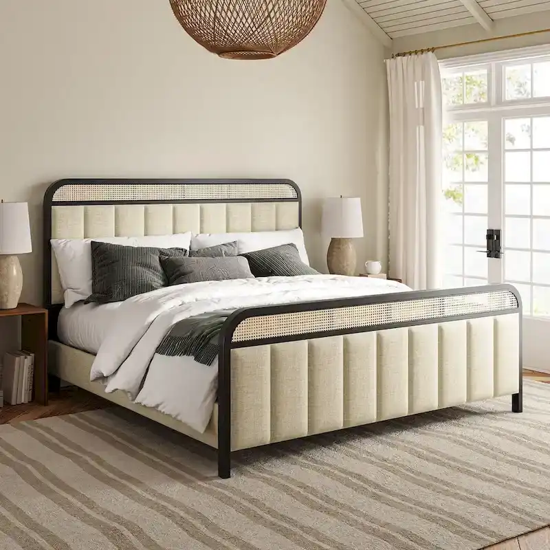 Alphons Modern Solid Wood Frame Ratten Bed with LED Headboard by HULALA HOME