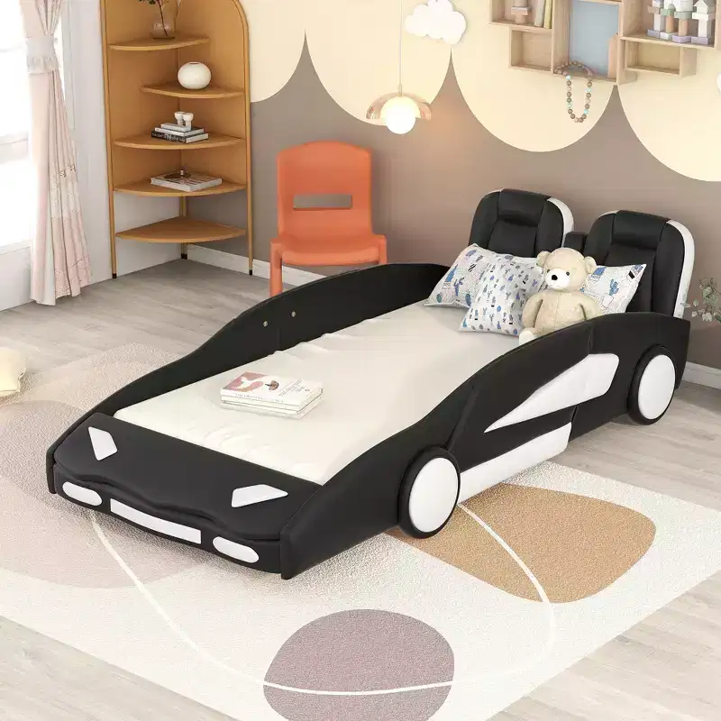 Whisen Twin Size Cool Design Race Car-Shaped Platform Bed with Wheels