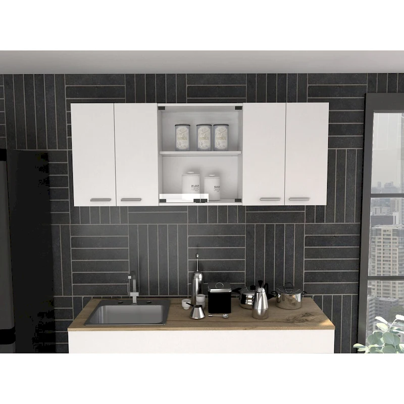 59-inch Two Center Glass Doors Wall Cabinet White