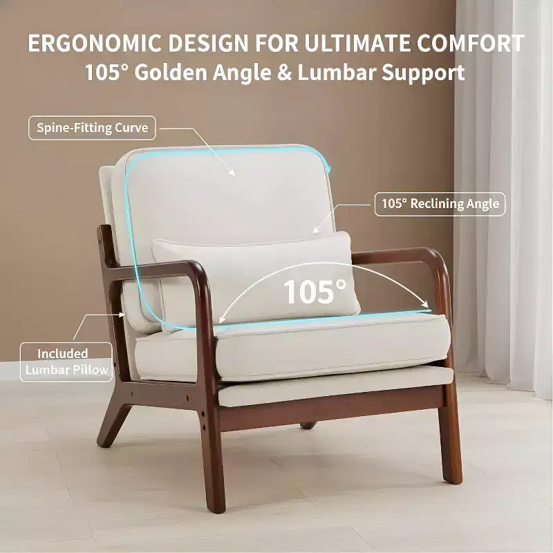 Summit Adventure Mid Century Modern Accent Chair with Arms Waist Cushion Solid Wooden Frame Cream Lounge Chair