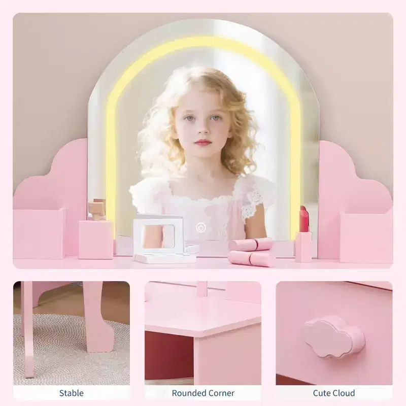 Kids Vanity Table & Stool Set with Lighted Mirror, 2-in-1 Makeup Vanity with Drawer & Open Shelves for Girls Ages 3+